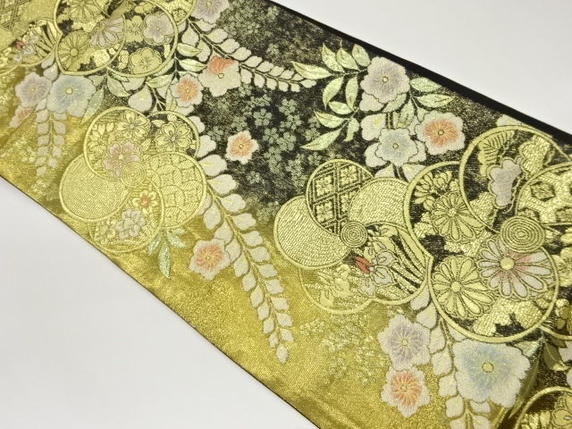 縞に花々模様織出し袋帯